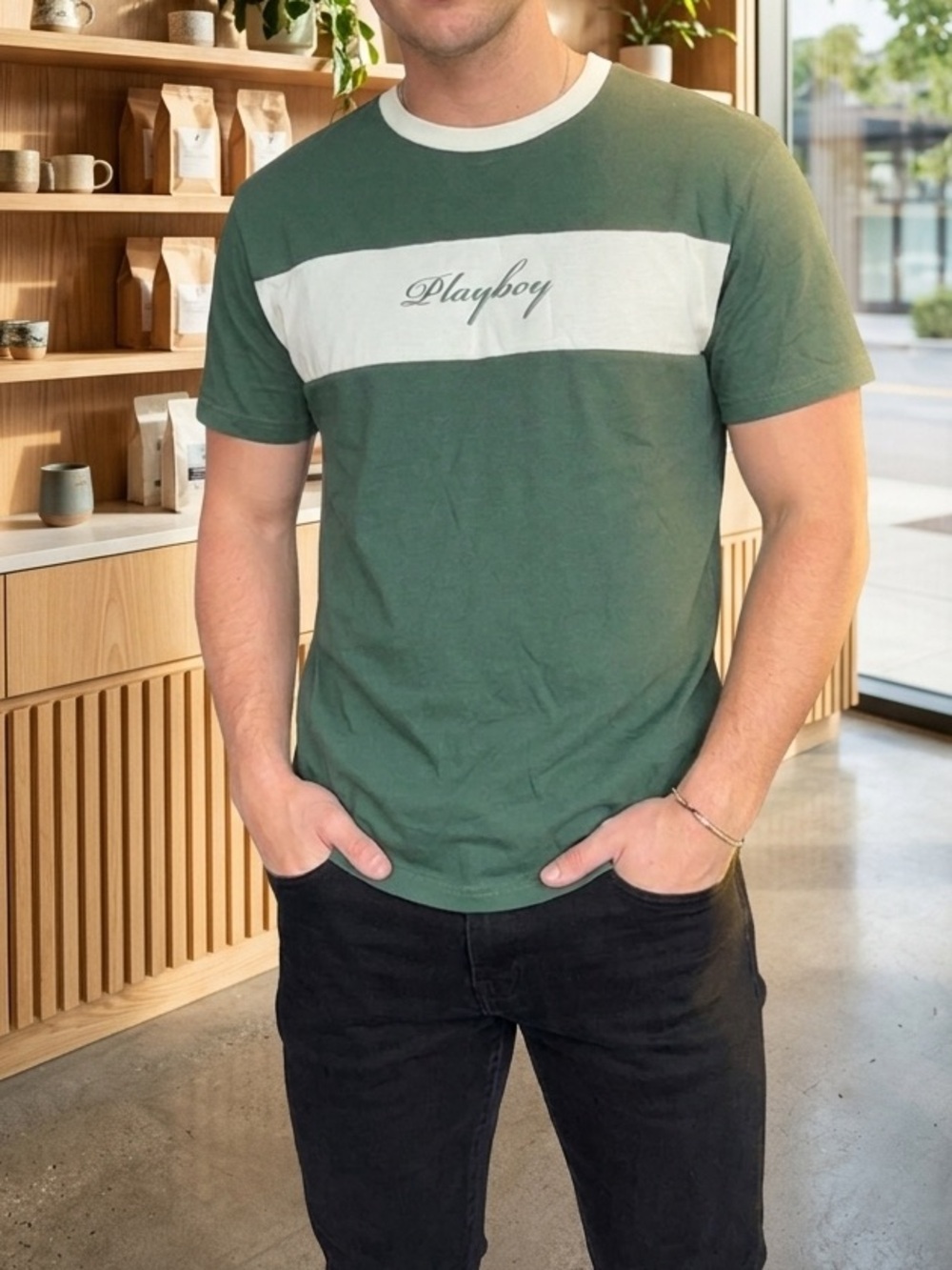 PLAYBOY Green and White Horizontal Stripe Crew Tee